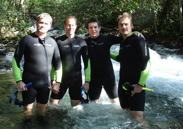 Matt, Ricky, Greg and I in the Olho Dagua River. Bonito, Brazil. 'You know some place FUN.'
